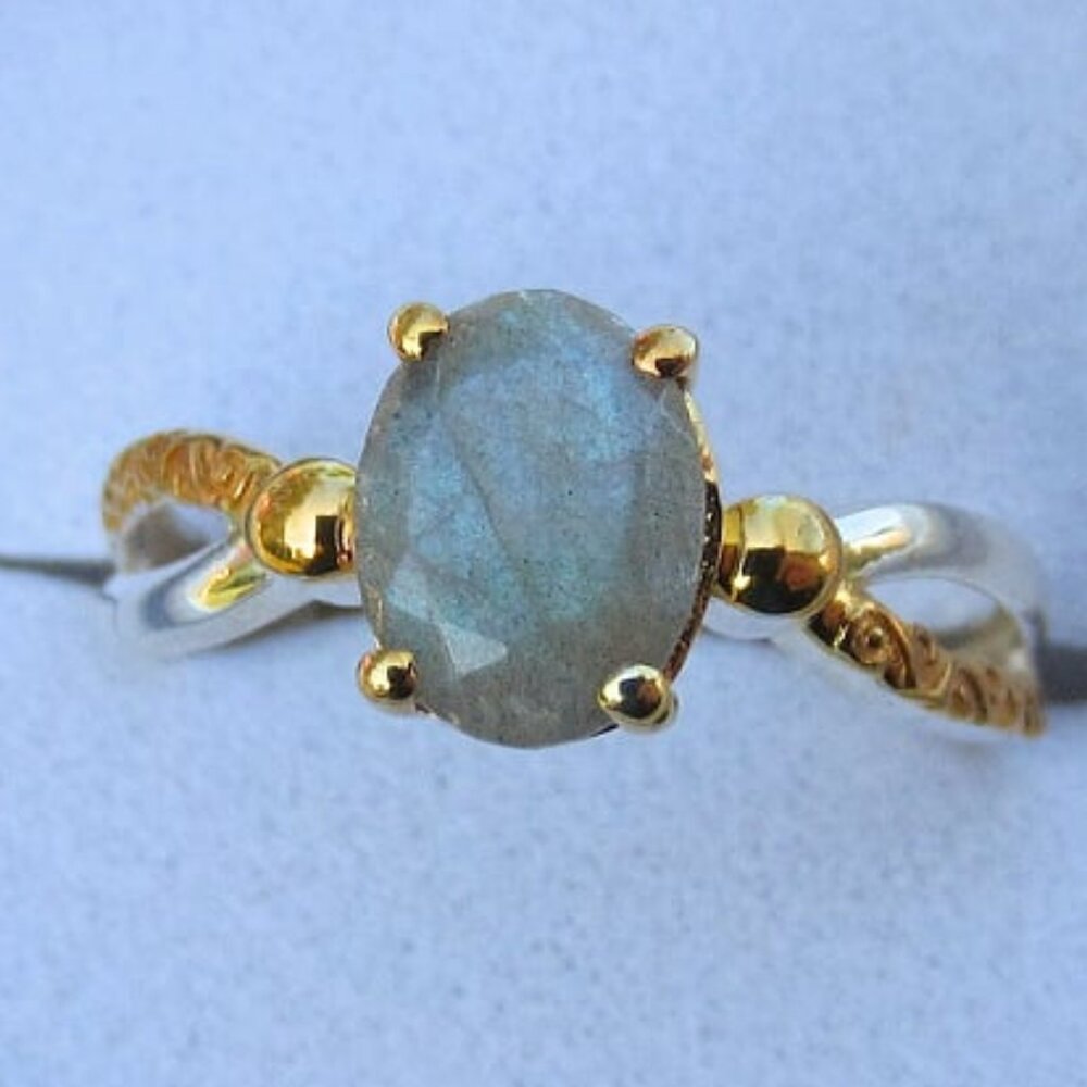 Flashy Labradorite Ring | 925 Sterling Silver & Gold Accents | Size 7.5 | Gift